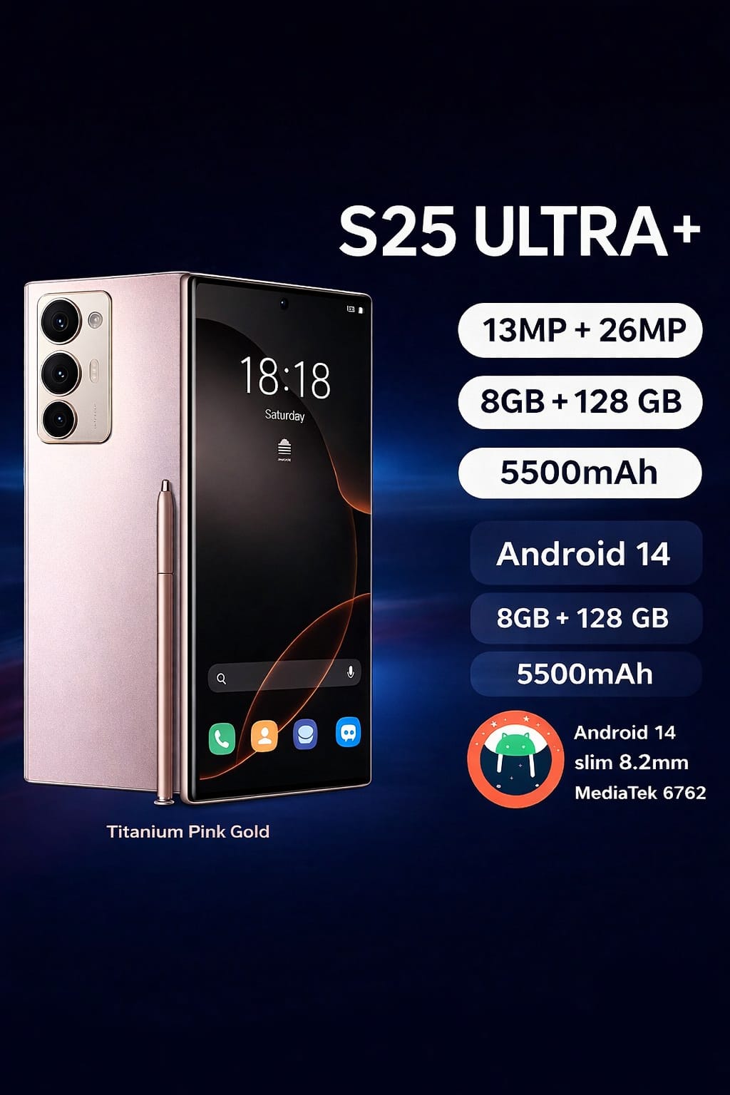 CALUS S25 Ultra + 8GB + 128GB, 13MP+26MP, 5500mAh, DUAL SIM, 6.9 DISPLAY. with touch pen(STYLUS), ANDROID 14, 120Hz REFRESH RATE, MEDIA TEK PROCESSOR , 8.2mm SLIM DESIGN