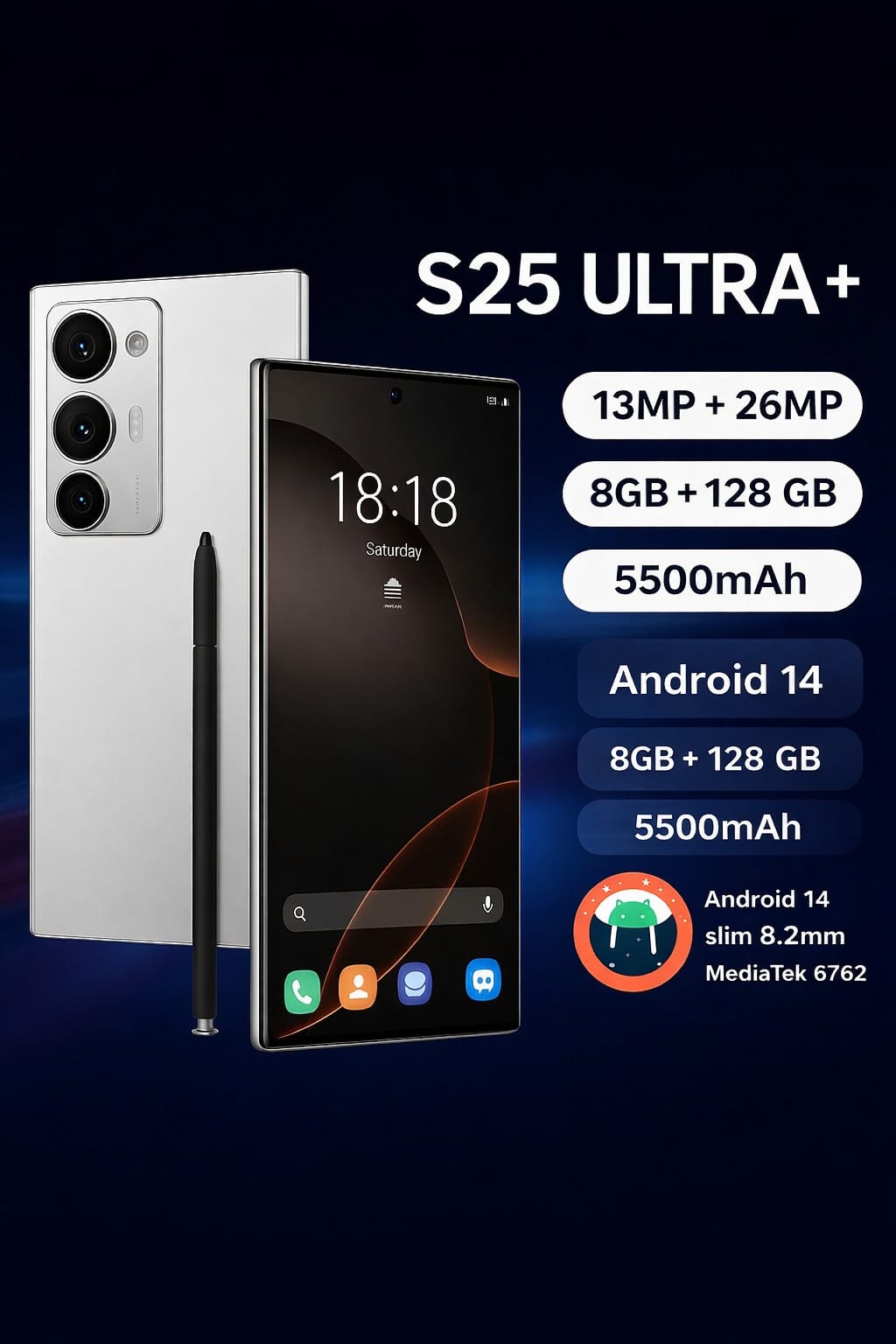 CALUS S25 Ultra + 8GB + 128GB, 13MP+26MP, 5500mAh, DUAL SIM, 6.9 DISPLAY. with touch pen(STYLUS), ANDROID 14, 120Hz REFRESH RATE, MEDIA TEK PROCESSOR , 8.2mm SLIM DESIGN