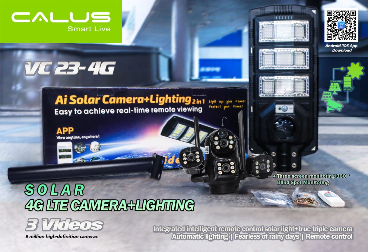 CALUS VC 23-4G AI SOLAR 4k CAMERA 3 IN 1. triple lens, 3 screen monitoring 360,blind spot monitoring,comes with flood lights, uses solar. all weather cctv offering perfect camouflage.AI motion detecti