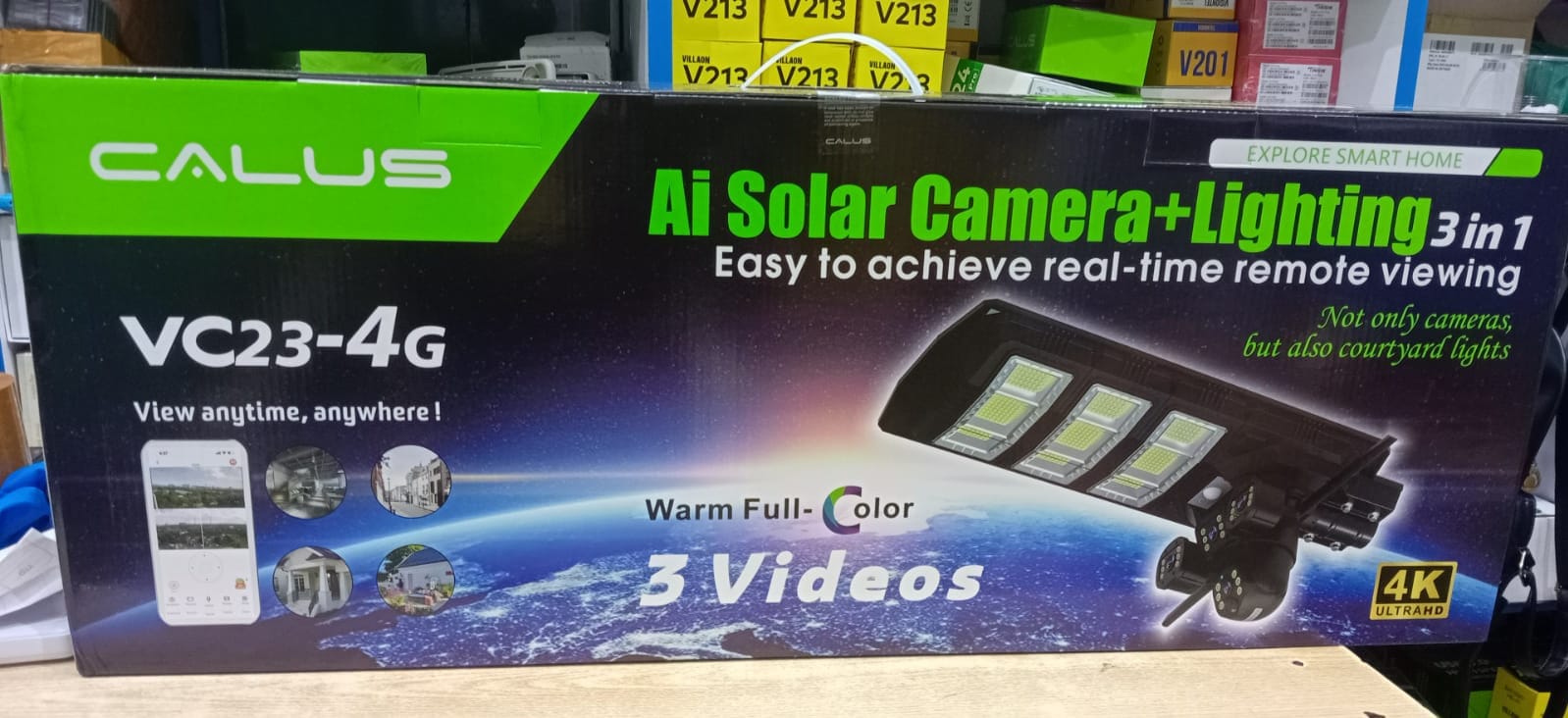 CALUS VC 23-4G AI SOLAR 4k CAMERA 3 IN 1. triple lens, 3 screen monitoring 360,blind spot monitoring,comes with flood lights, uses solar. all weather cctv offering perfect camouflage.AI motion detecti