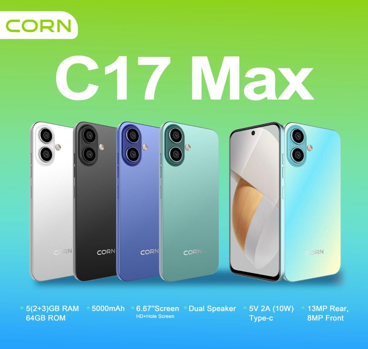 ORIGINAL PHONE!! CORN C17 MAX 6.67'' HD * Hole screen 64GB + 5GB (3+2) 5000mAh Battery 3G network 13MP ultra camera 8MP AL camera octa-core Android Dual speaker side-fingerprint smartphone
