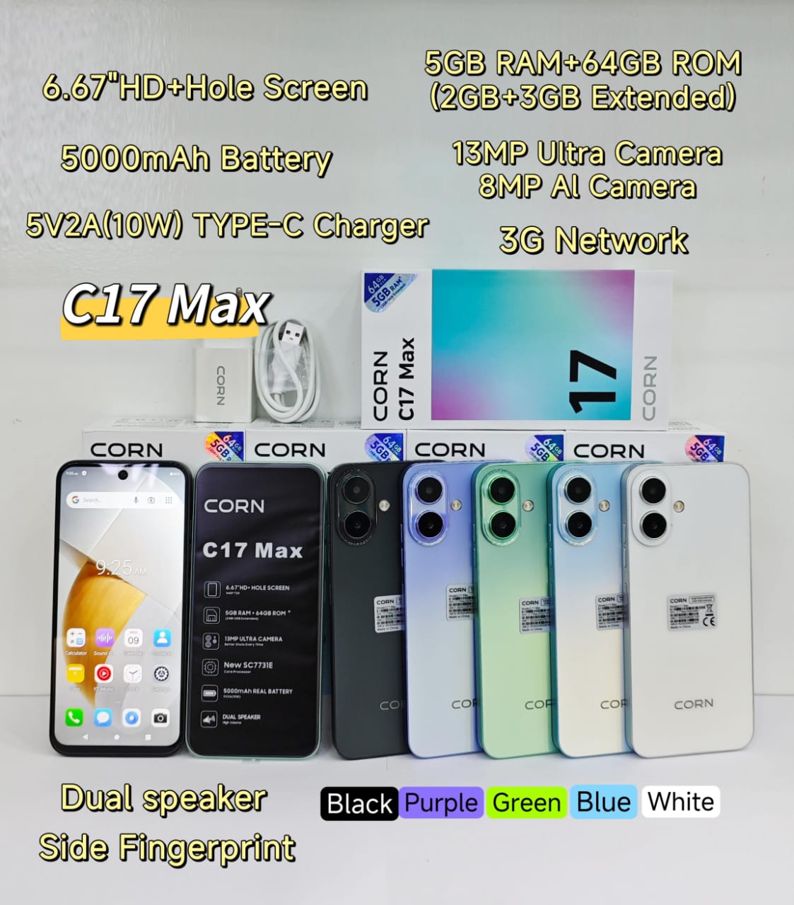 ORIGINAL PHONE!! CORN C17 MAX 6.67'' HD * Hole screen 64GB + 5GB (3+2) 5000mAh Battery 3G network 13MP ultra camera 8MP AL camera octa-core Android Dual speaker side-fingerprint smartphone