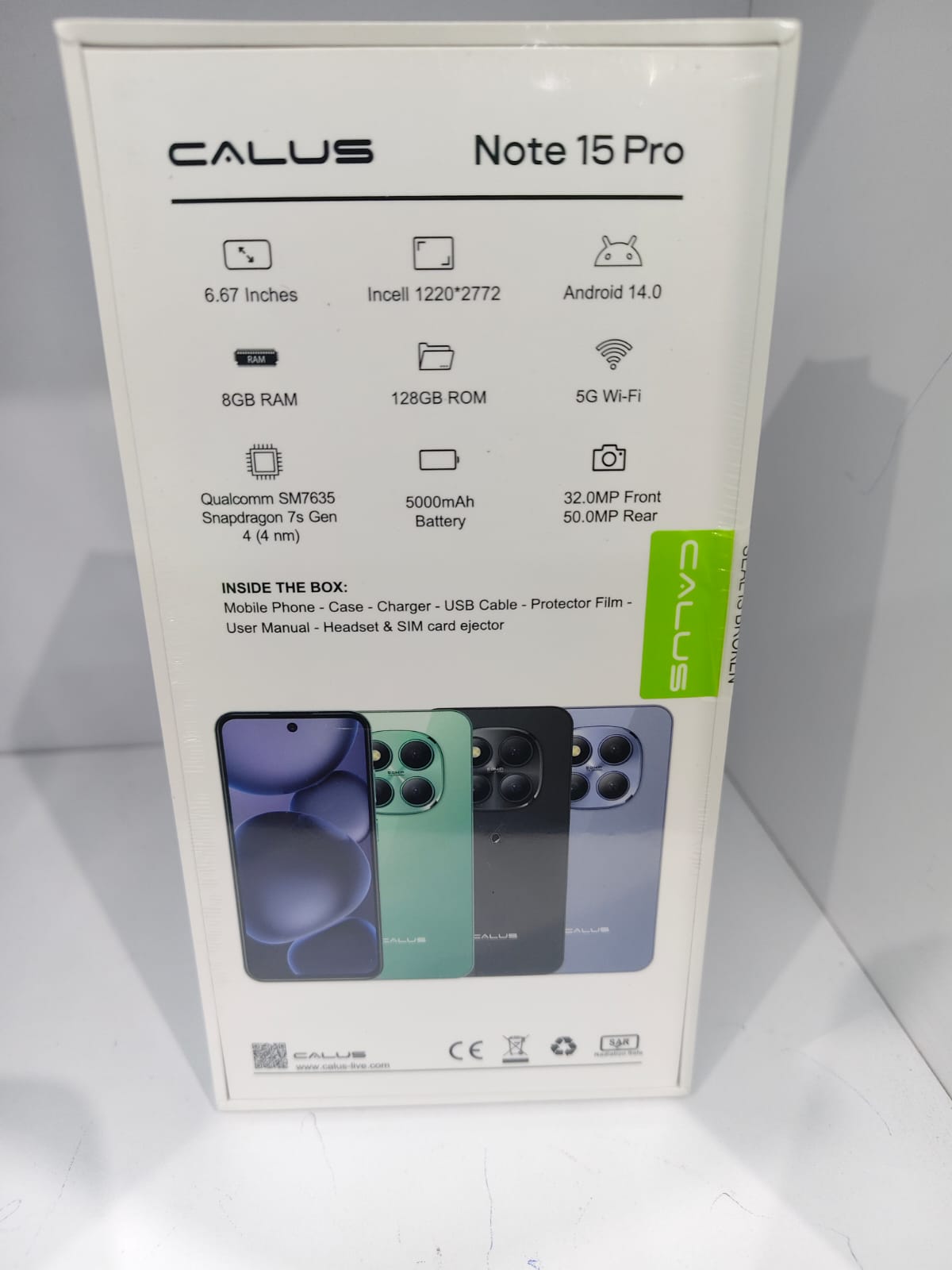 calus note 15 pro 8gb ram, 128g rom,5g,6.67 inches camera 32.0mp front 50mp rear. battery 5000mah android 14, 5g wifi, QUALCOMM snapdragon processor.