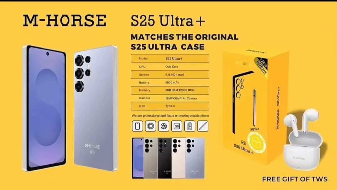 NEW MODEL OF M HORSE S25 Ultra +  WITH EARPODS, SILICONE COVER 8GB + 128GB, 16MP+32MP, 5000mAh, DUAL SIM, 6.6 DISPLAY. with STYLUS PEN, ANDROID 14,120Hz REFRESH RATE, OCTACORE PROCESSOR , SLIM DESIGN.