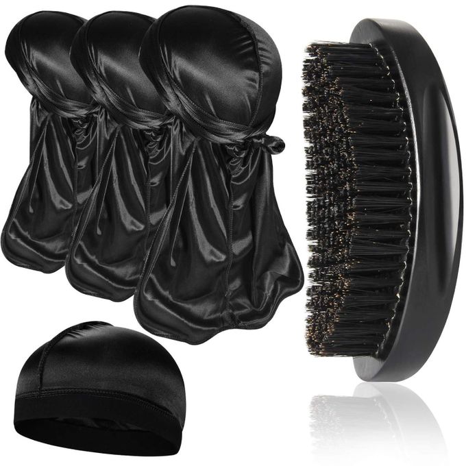 3pcs Silky Durag with Wave Cap and Random Colour Wave Brush for Men 360, Curved Medium/Hard Hair Brush Kits