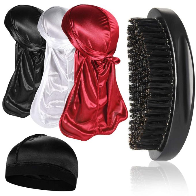 3pcs Silky Durag with Wave Cap and Random Colour Wave Brush for Men 360, Curved Medium/Hard Hair Brush Kits