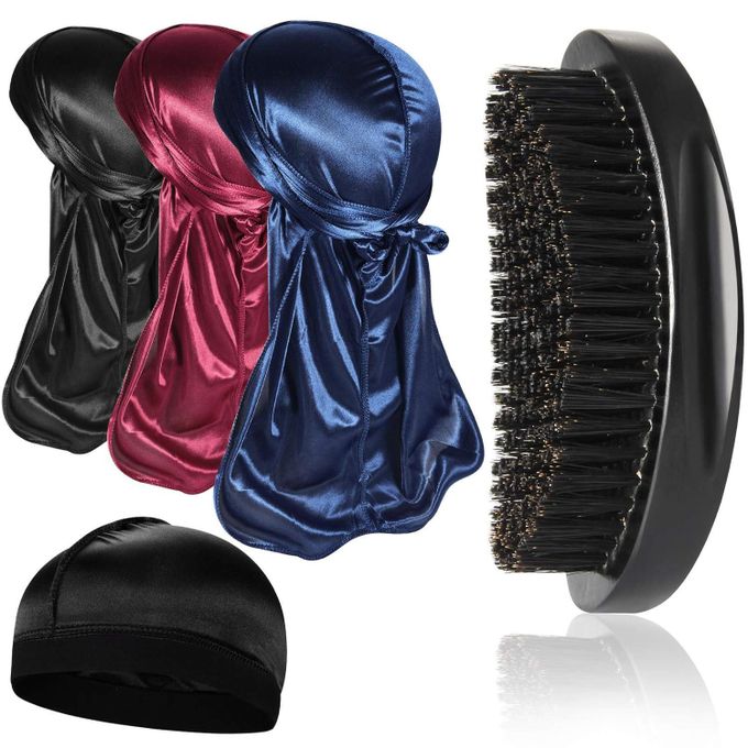 3pcs Silky Durag with Wave Cap and Random Colour Wave Brush for Men 360, Curved Medium/Hard Hair Brush Kits