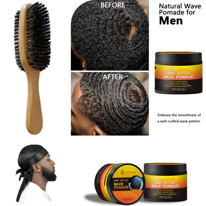 LurnaoQueen Wave Pomade for Men Strong Hold Easy Wash 360 Wave Training Hair Cream, Waves Grease for Men Promotes Layered Waves, Moisture, Control and Silky Shine Pomade Brushe Silky Durag Cap Set
