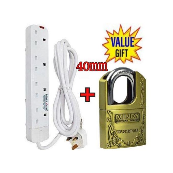 Power King HIGH QUALITY 4 WAY POWER EXTENSION WITH LONG CABLE+FREE 40MM MINDY PADLOCK