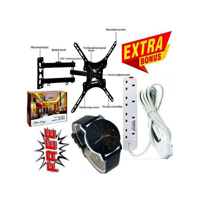 Home Design Heavy Duty Full Motion 360 Degree TV MOUNT - 14 Inch -55 Inch TILT ROTATING WALL MOUNT BRACKET + EXTRA BONUS WATCH & 4 Way Power Extension Cable Socket