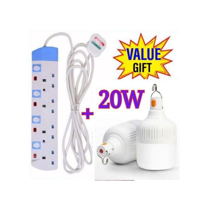 Power King COMMERCIAL & HOME BEST 4-WAY POWER EXTENSION WITH LONG CABLE IDEAL FOR SHAVING MACHINE, BLOWDRY & CHARGING PHONE+FREE 20W RECHARGEABLE BULB