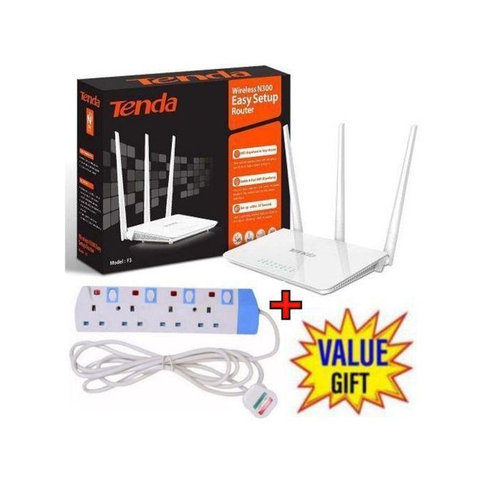 Power King COMMERCIAL & HOME BEST 4-WAY POWER EXTENSION WITH LONG CABLE IDEAL FOR SHAVING MACHINE, BLOWDRY & CHARGING PHONE +  tenda F3 N300 300Mbps Wireless WiFi Router