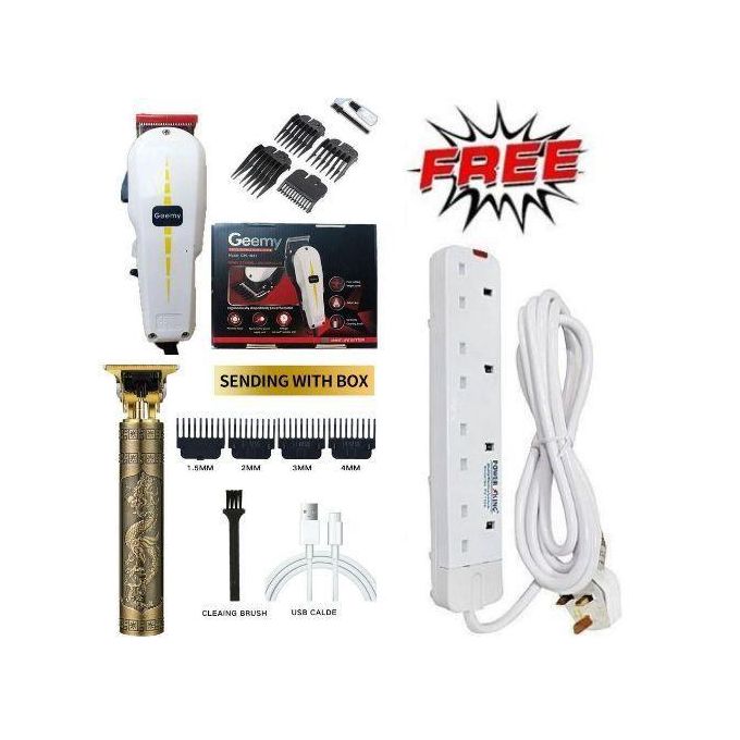 Geemy Affordable Professional Hair Shaving Machine / Shaving Machine-Kinyozi & T9 Dragon Rechargeable Metal Hair Clipper Wireless Gold + 4 Way Power Extension Cable