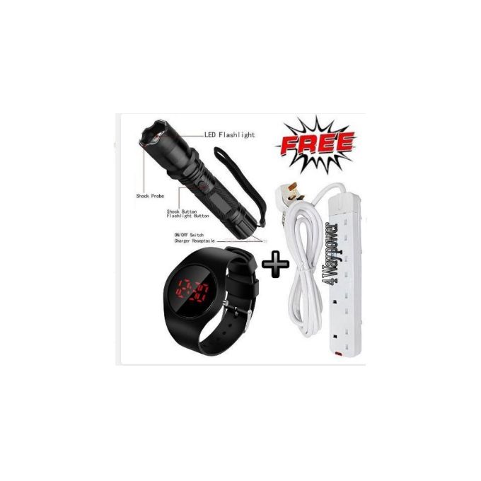 SECURITY 3-IN-1 RECHARGEABLE SELF-DEFENSE ELECTRIC SHOCK LASER POINTER TORCH + FREE 4 WAY POWER EXTENSION CABLE & WATCH