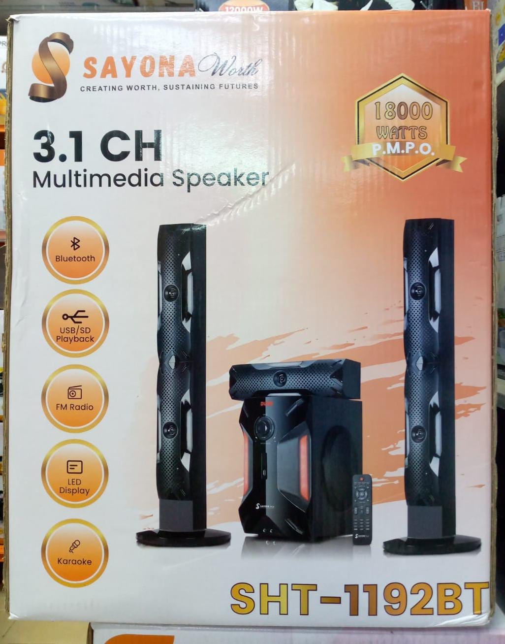 🔊🔥Sayona Tallboy 🎶3.1-Channel Multimedia Speaker System  – Model SHT-1193BT 🎶📺 | 18,000W PMPO woofer  🔊 | Deep Bass Subwoofer 💥 | Bluetooth Wireless Audio 📶 | USB / SD / Digital FM tallboys