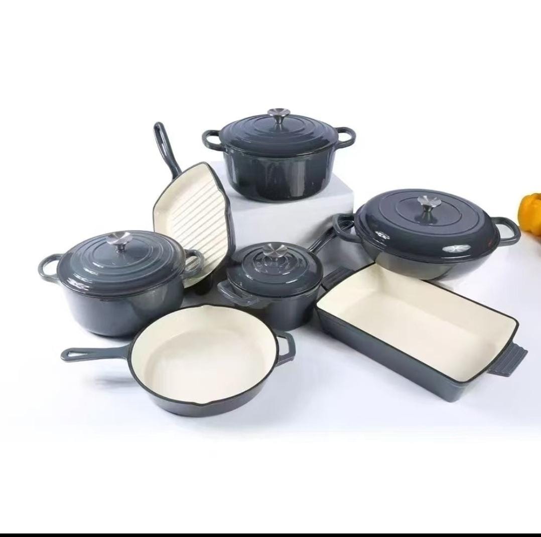 🍳11-Piece Enamel Cast Iron Cookware Set 🍳🪨 | Heavy-Duty Original Cast Iron Sufurias 💪 | Premium Enamel Coating ✨4Cooking Pots with Lids + Grill Pan + Frying Pan + Baking Tray 🧑‍🍳 | Extreme Heat