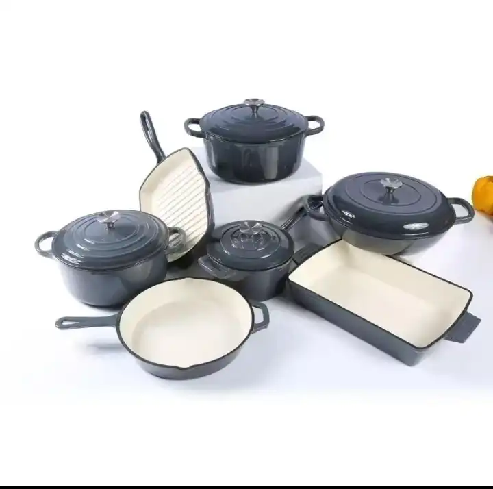 🍳11-Piece Enamel Cast Iron Cookware Set 🍳🪨 | Heavy-Duty Original Cast Iron Sufurias 💪 | Premium Enamel Coating ✨4Cooking Pots with Lids + Grill Pan + Frying Pan + Baking Tray 🧑‍🍳 | Extreme Heat