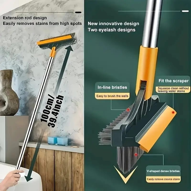 🧹🔥3-in-1 Floor Scrubbing V-Shaped Brush 🧹✨ | Broom + Scrubber + Squeegee Combo | Long Handle Extension Rod | 180° Rotatable Head | V-Shaped Corner Cleaner with Stiff Bristles & Built-in Scraper