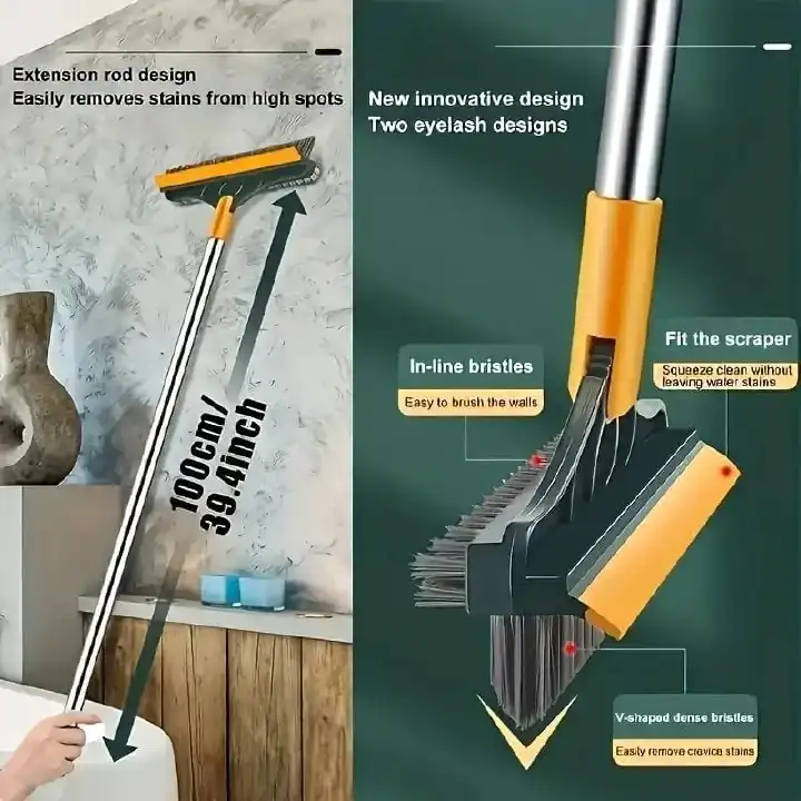 🧹🔥3-in-1 Floor Scrubbing V-Shaped Brush 🧹✨ | Broom + Scrubber + Squeegee Combo | Long Handle Extension Rod | 180° Rotatable Head | V-Shaped Corner Cleaner with Stiff Bristles & Built-in Scraper