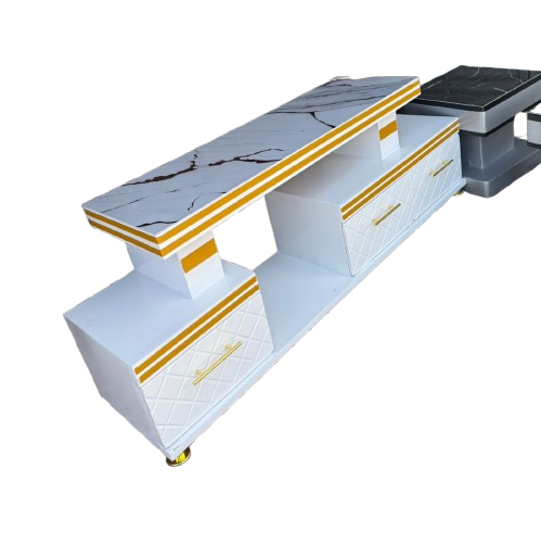 ✨📺Executive 5 fts black or white and gold Modern TV Stand with Marble Finish Top ✨ | LED Light Feature 💡 | Gold Accents 🔶 | 2 Drawers + Open Shelf | Luxury Media Console for Living Room 📺