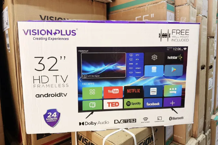 📺💜 VISION PLUS 32 Inch Frameless HD Android TV – Free Wall Mount Included, Dolby Audio, DVB-T2/S2 Decoder, Built-In Wi-Fi, Bluetooth, Screen Share, 24 Month Warranty