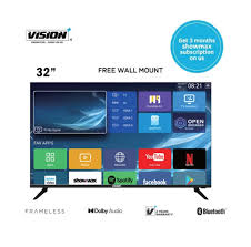 📺💜 VISION PLUS 32 Inch Frameless HD Android TV – Free Wall Mount Included, Dolby Audio, DVB-T2/S2 Decoder, Built-In Wi-Fi, Bluetooth, Screen Share, 24 Month Warranty