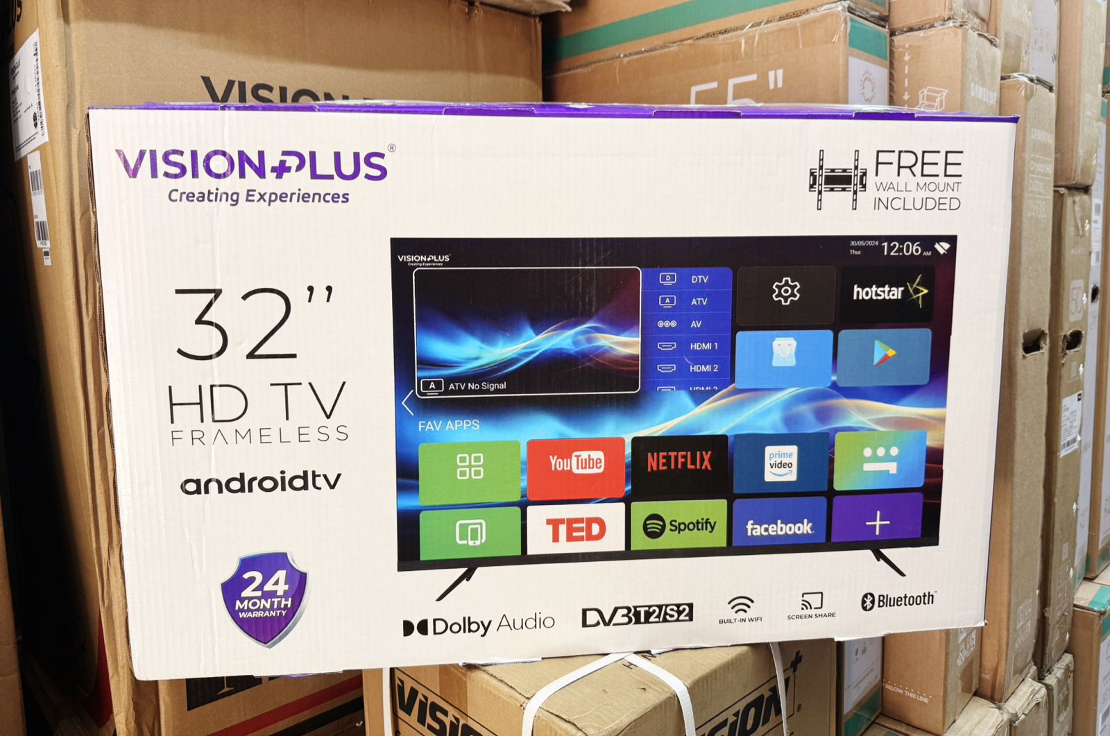📺💜 VISION PLUS 32 Inch Frameless HD Android TV – Free Wall Mount Included, Dolby Audio, DVB-T2/S2 Decoder, Built-In Wi-Fi, Bluetooth, Screen Share, 24 Month Warranty