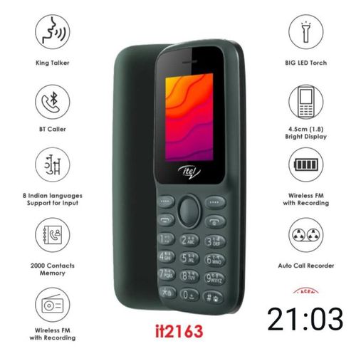 ITEL 2163 1.8" Display, 1000mAh, Dual SIM Card, 4MB ROM, expandable up to 32GB via microSD card, LED Torch, 2G Enabled, Phonebook 2000 Contacts Feature phone