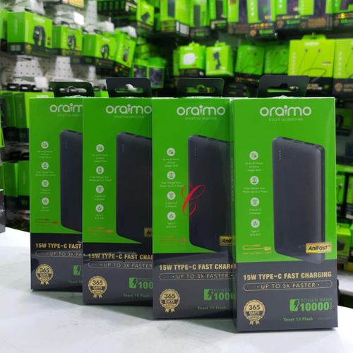 Oraimo Toast 15 Flash OPB-1100D 10,000mAh Power Bank with 15W fast charging, AniFast™ technology and Built-in Charging Cables