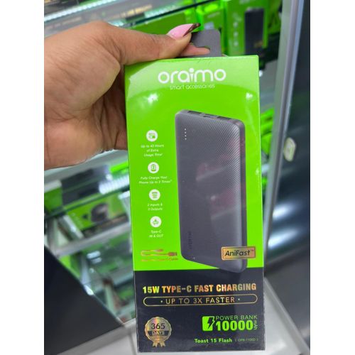 Oraimo Toast 15 Flash OPB-1100D 10,000mAh Power Bank with 15W fast charging, AniFast™ technology and Built-in Charging Cables