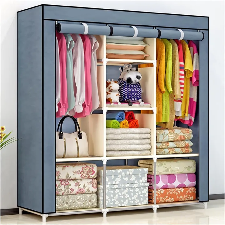 OFFER!! 3 Columns Metallic Wardrobe Large Capacity Wardrobe Assemble Closets Portable Home Storage Portable Wardrobe Clothing storage