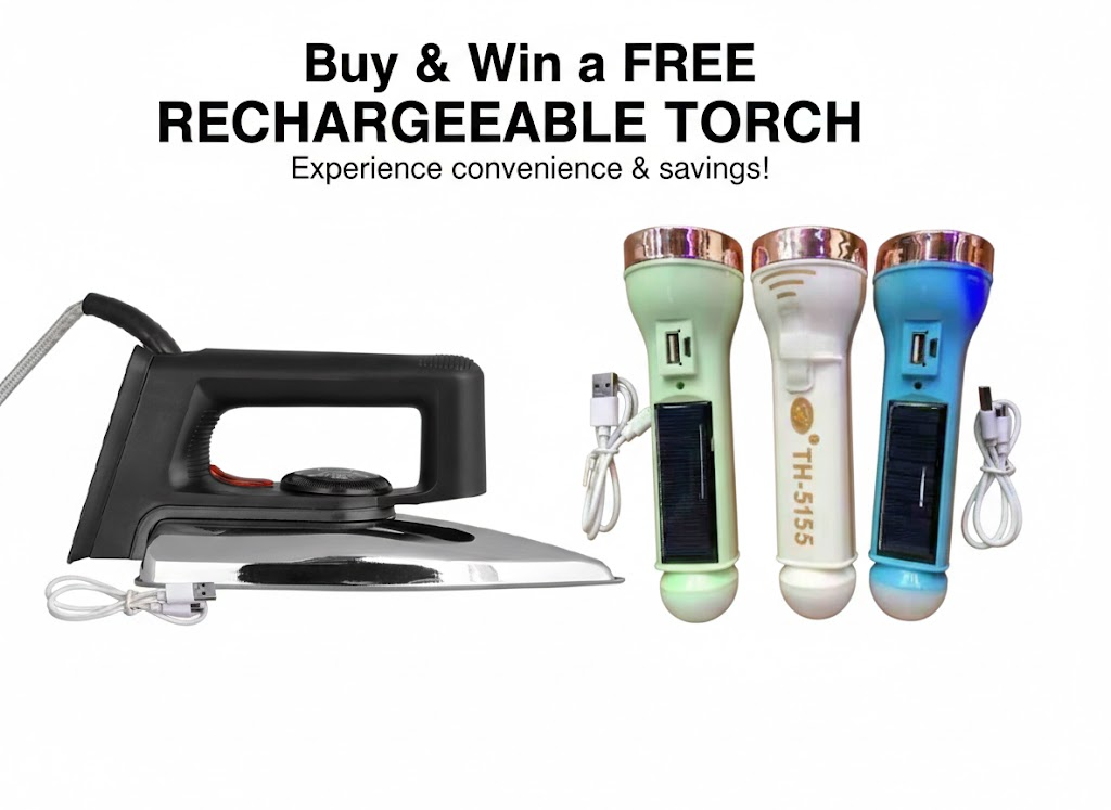 AILYONS Deluxe Quality brand Dry Iron Box COMES WITH FREE RECHARGEABLE TORCH OFFER! Stainless Steel Bottom Plate Irons Steamers