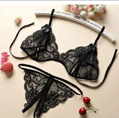 Women Fun Lingerie Underwear Three-Point Open Cut Breast Revealing Bikini Crotchless Lace pattern thin strapLace Lady Pajama Set Girls Thong Two-Piece Set Best Wives Gift Giving Clothing women clothes