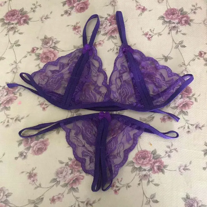 Women Fun Lingerie Underwear Three-Point Open Cut Breast Revealing Bikini Crotchless Lace pattern thin strapLace Lady Pajama Set Girls Thong Two-Piece Set Best Wives Gift Giving Clothing women clothes