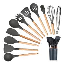 12pc Silicone spoons Non-Stick Cooking Spoon Set With Holder. Heat-resistant food-grade silicone (safe for non-stick cookware) Strong wooden handles for a comfortable, non-slip