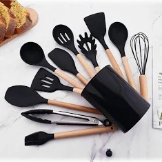 12pc Silicone spoons Non-Stick Cooking Spoon Set With Holder. Heat-resistant food-grade silicone (safe for non-stick cookware) Strong wooden handles for a comfortable, non-slip