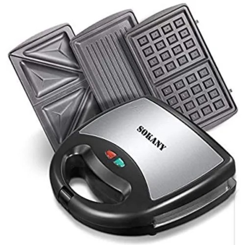 SOKANY 3-in-1 Sandwich Maker - 750W Multi-Function Waffle, Donut & Sandwich Toaster with Non-Stick Plates, Cool Touch Handle, Indicator Lights for Quick Breakfast Snacks Family Meals