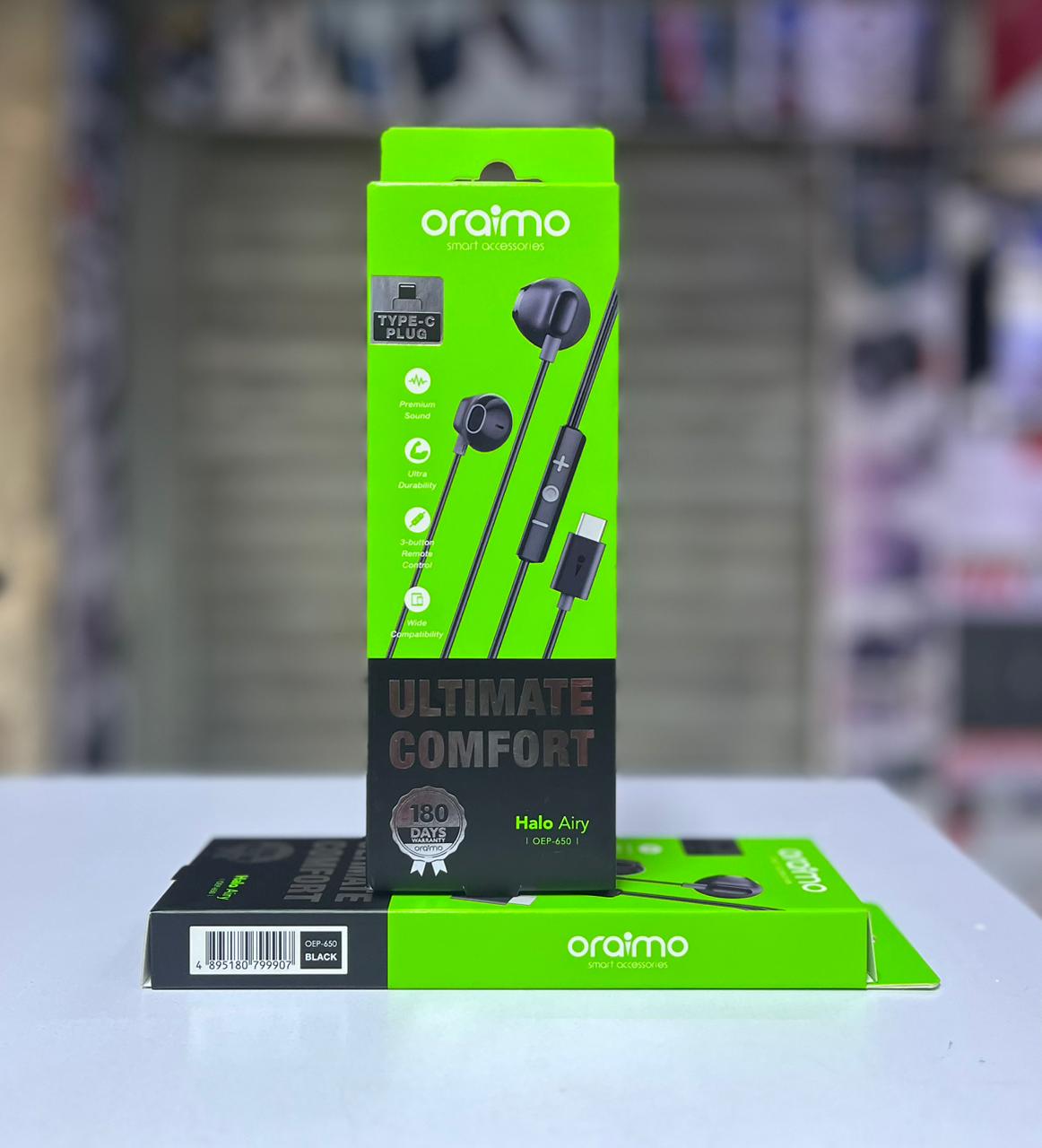 Oraimo Original Type-C Wired Earphones – Clear Bass Sound, In-Line Mic & Controls – USB-C Earphones for Android Phones & iPhone 15 / 15 Plus / 15 Pro / 15 Pro Max – Black