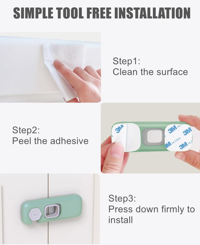 Self-Adhesive Child Proof Safety Locks for Cabinets, Drawers & Refrigerators – Baby Proofing Latches - Durable ABS No-Drill Locks for Kids & Toddlers