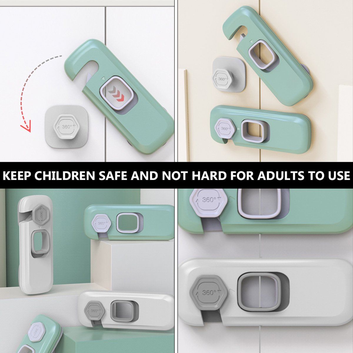 Self-Adhesive Child Proof Safety Locks for Cabinets, Drawers & Refrigerators – Baby Proofing Latches - Durable ABS No-Drill Locks for Kids & Toddlers