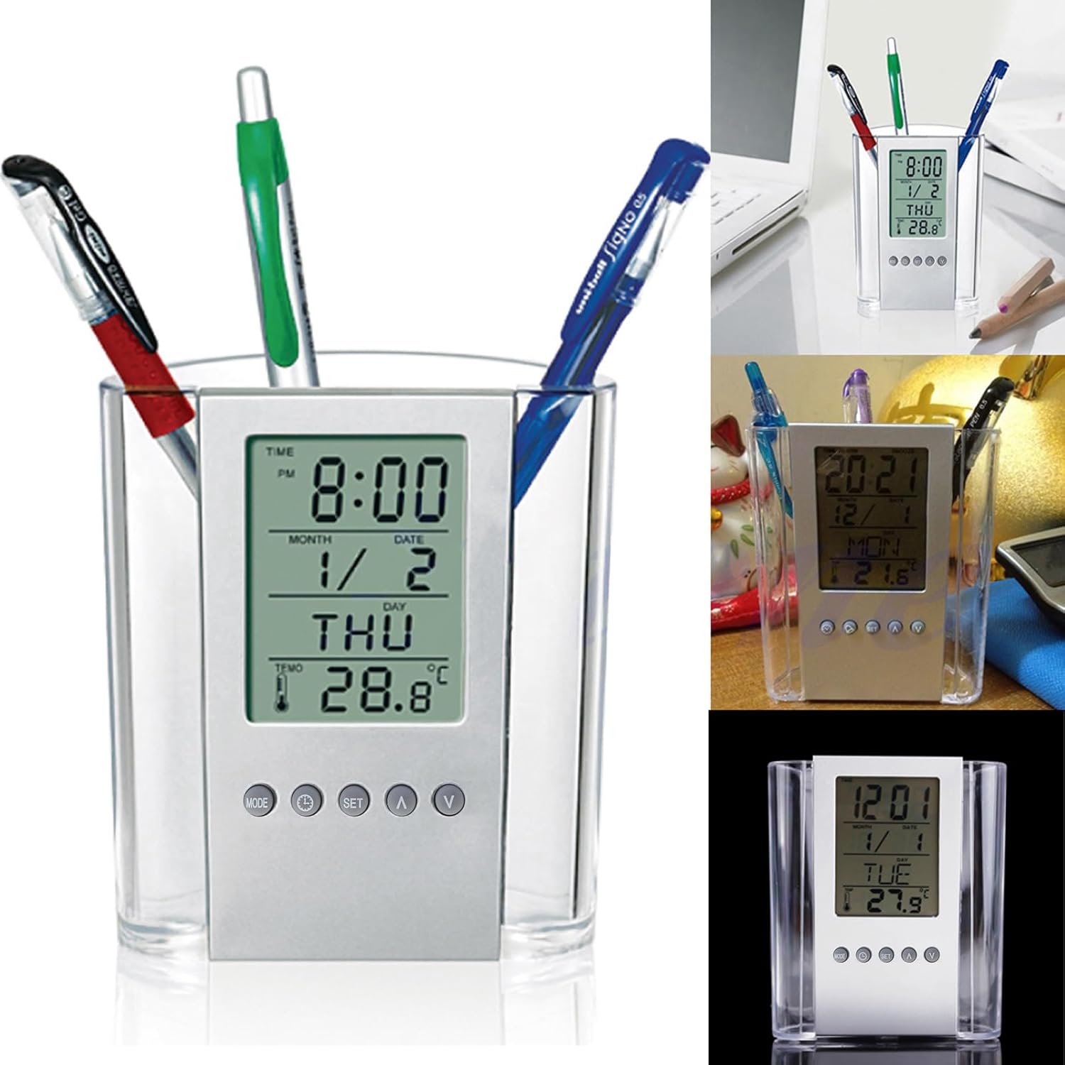 Multifunction LCD Digital Alarm Clock with Pen Holder Organizer, Calendar, Thermometer & Desk Storage – Office & Home Stationery Holder