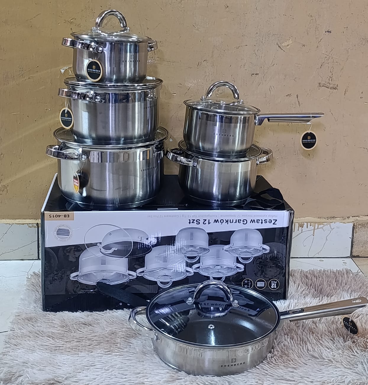 🔥 New Arrival 12pcs Edenberg Stainless Cookware Set 🍳 | 2.1L Saucepan + 2.9L, 3.9L, 6.5L Casseroles + 3.4L Deep Pan | Code 4015