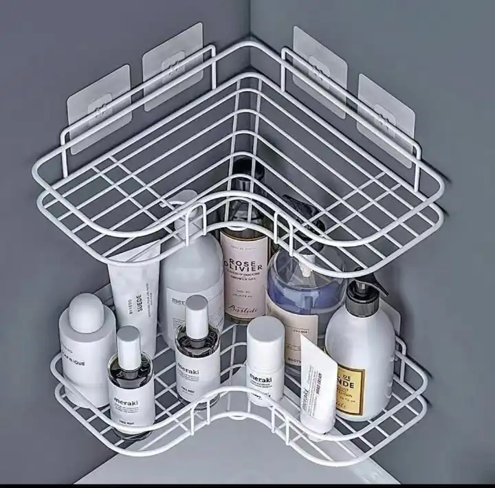 Triangular Corner Bathroom Shelf 🛁✨ | Metallic Wall-Mounted Rack | Strong Adhesive Hook | Shower Organizer | Space-Saving Black & White Bathroom Accessory 🖤🤍