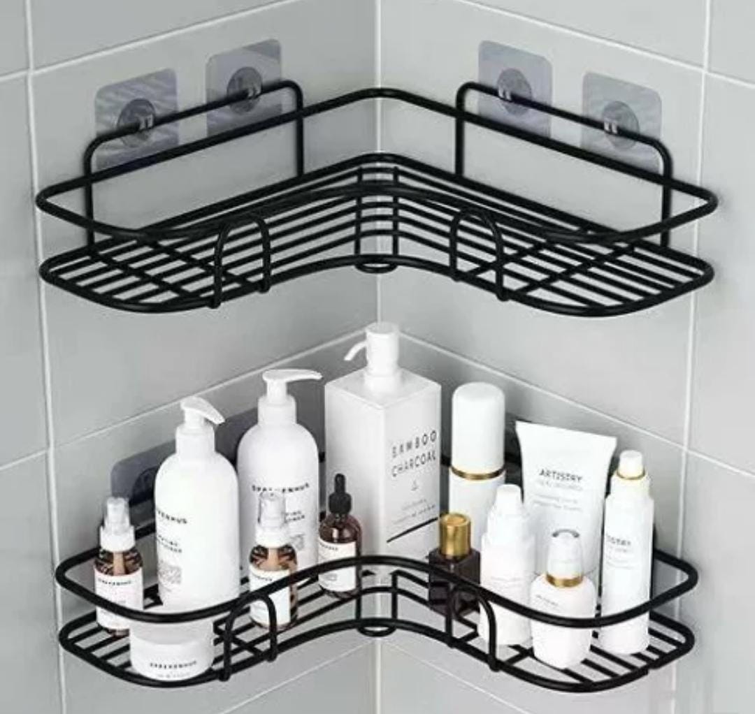 Triangular Corner Bathroom Shelf 🛁✨ | Metallic Wall-Mounted Rack | Strong Adhesive Hook | Shower Organizer | Space-Saving Black & White Bathroom Accessory 🖤🤍