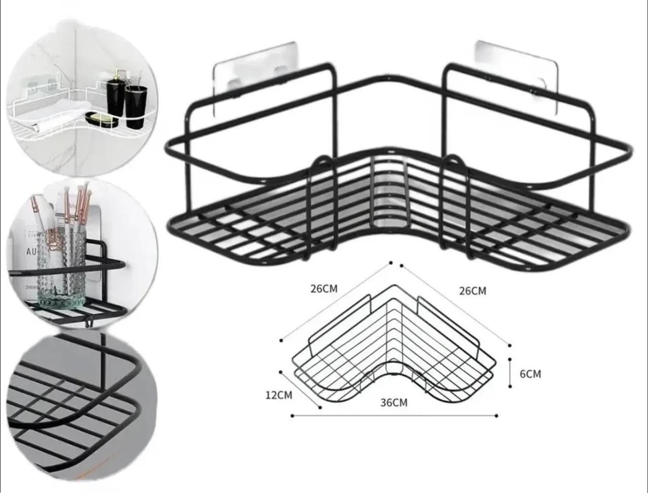 Triangular Corner Bathroom Shelf 🛁✨ | Metallic Wall-Mounted Rack | Strong Adhesive Hook | Shower Organizer | Space-Saving Black & White Bathroom Accessory 🖤🤍
