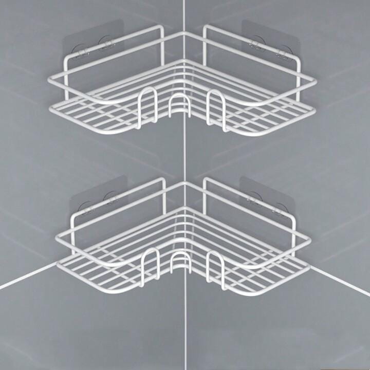 Triangular Corner Bathroom Shelf 🛁✨ | Metallic Wall-Mounted Rack | Strong Adhesive Hook | Shower Organizer | Space-Saving Black & White Bathroom Accessory 🖤🤍