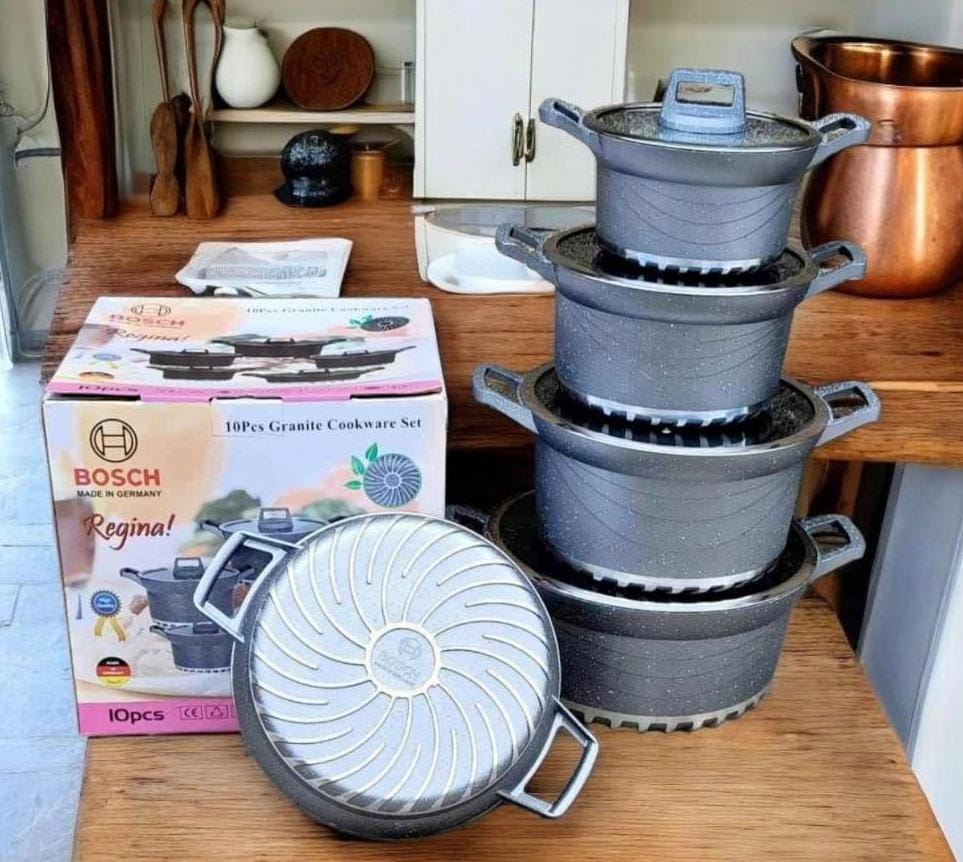 10PCS BOSCH Granite Non-Stick Cookware Set 🍳 | 20–30cm Pots with Lids | Durable Granite Coating | Gas & Electric Compatible | Scratch Resistant Kitchen Sufuria Set