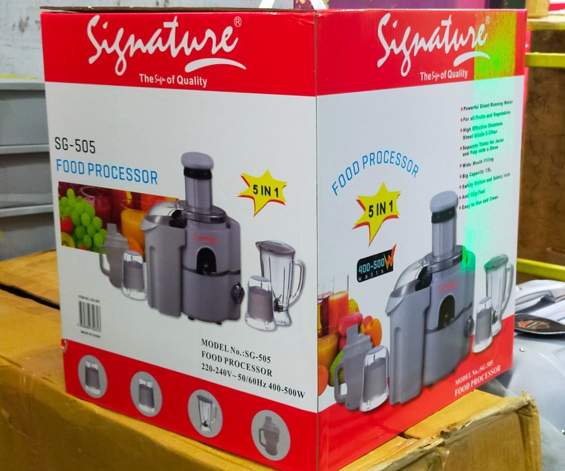 Signature SG-505 5-in-1 Food Processor 🍊Juicer 🥤 Blender ⚙️ Grinder 🌾 Mill 🥜 – 1.5L Capacity, Powerful Motor, Stainless Steel Blades, Multi-Function Kitchen Appliance 🔥