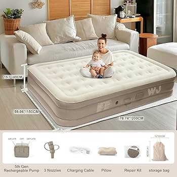 New arrivals🔥🔥🔥Self Inflating Double Air Mattress Bed 5×6ft 🛏️ Portable Inflatable Camping Air Bed with 2 Pillows & Rechargeable Pump | Waterproof Foldable Guest Bed with Storage Bag Beige