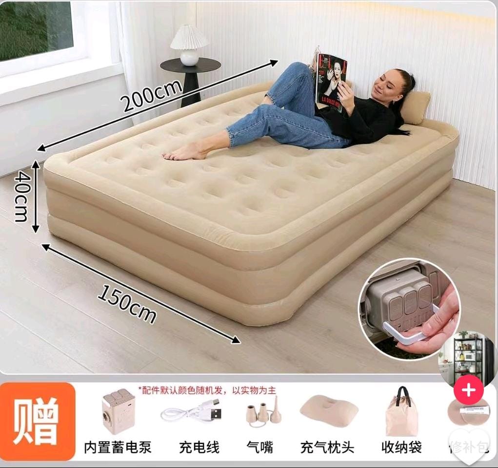 New arrivals🔥🔥🔥Self Inflating Double Air Mattress Bed 5×6ft 🛏️ Portable Inflatable Camping Air Bed with 2 Pillows & Rechargeable Pump | Waterproof Foldable Guest Bed with Storage Bag Beige